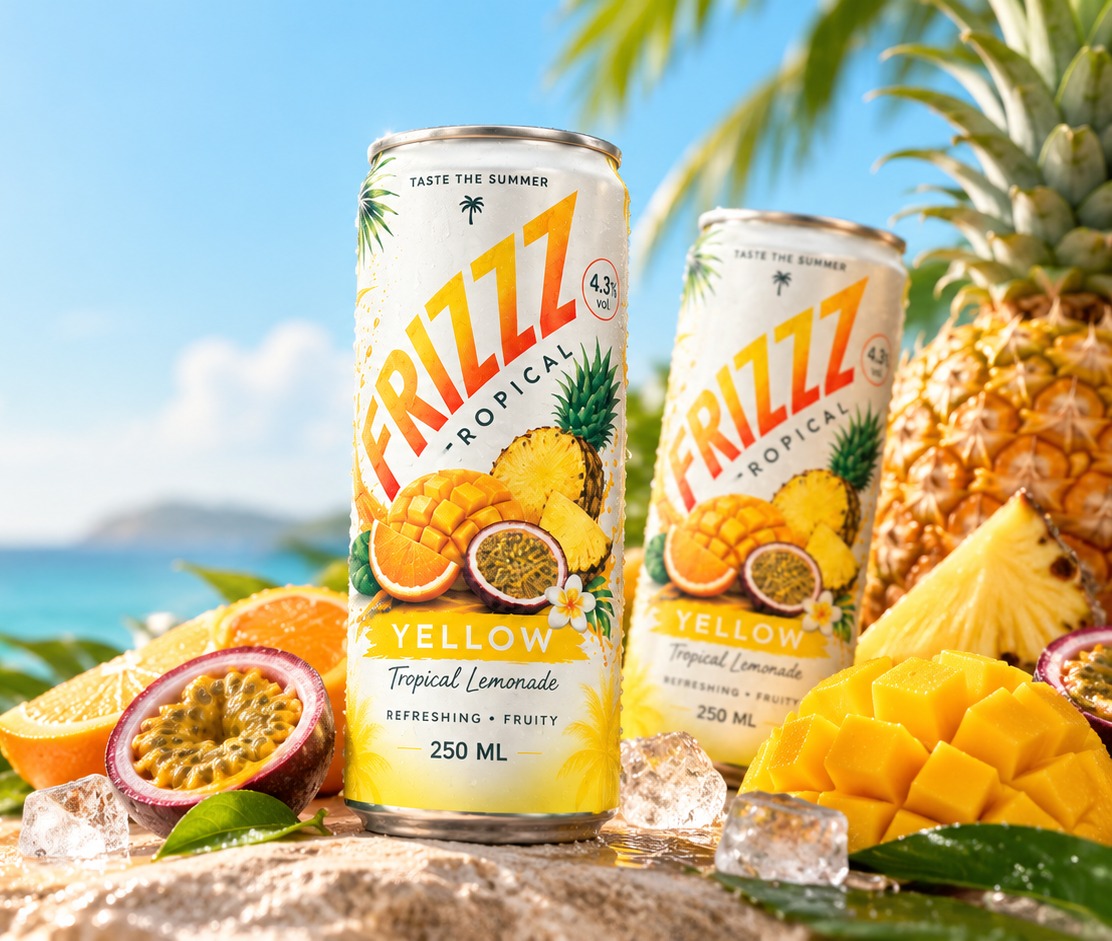 Twee blikjes FRIZZZ Tropical Yellow op een tropisch strand